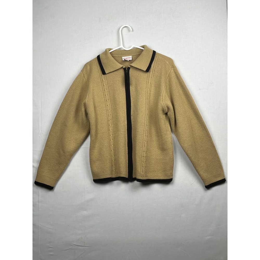 Crystal Kobe Full Zip Cardigan Sweater Womens Medium Cable Knit Tan Black Trim M